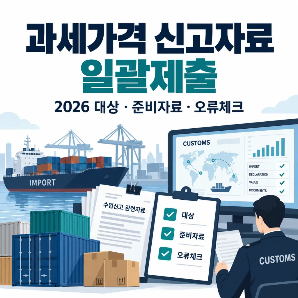 과세가격 신고자료 일괄제출 대상과 준비자료를 설명하는 인포그래픽