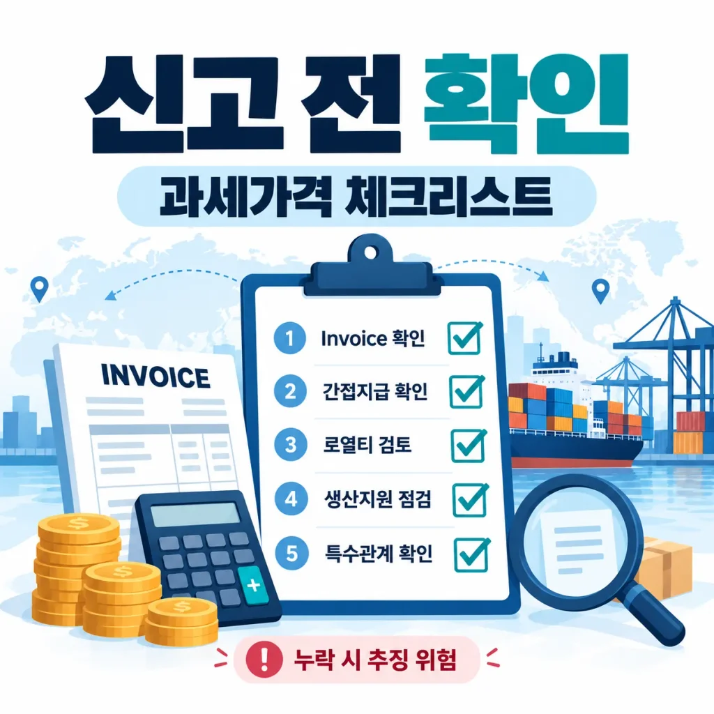 수입신고 전 과세가격 체크리스트 인보이스 간접지급 로열티 생산지원 특수관계 확인