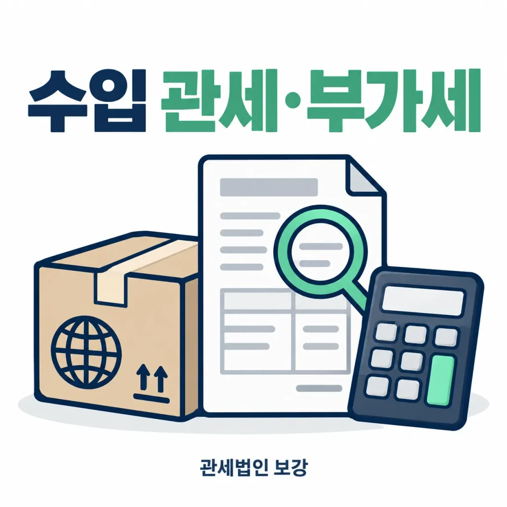 수입 물품 상자와 인보이스, 계산기로 관세와 부가세를 확인하는 그림