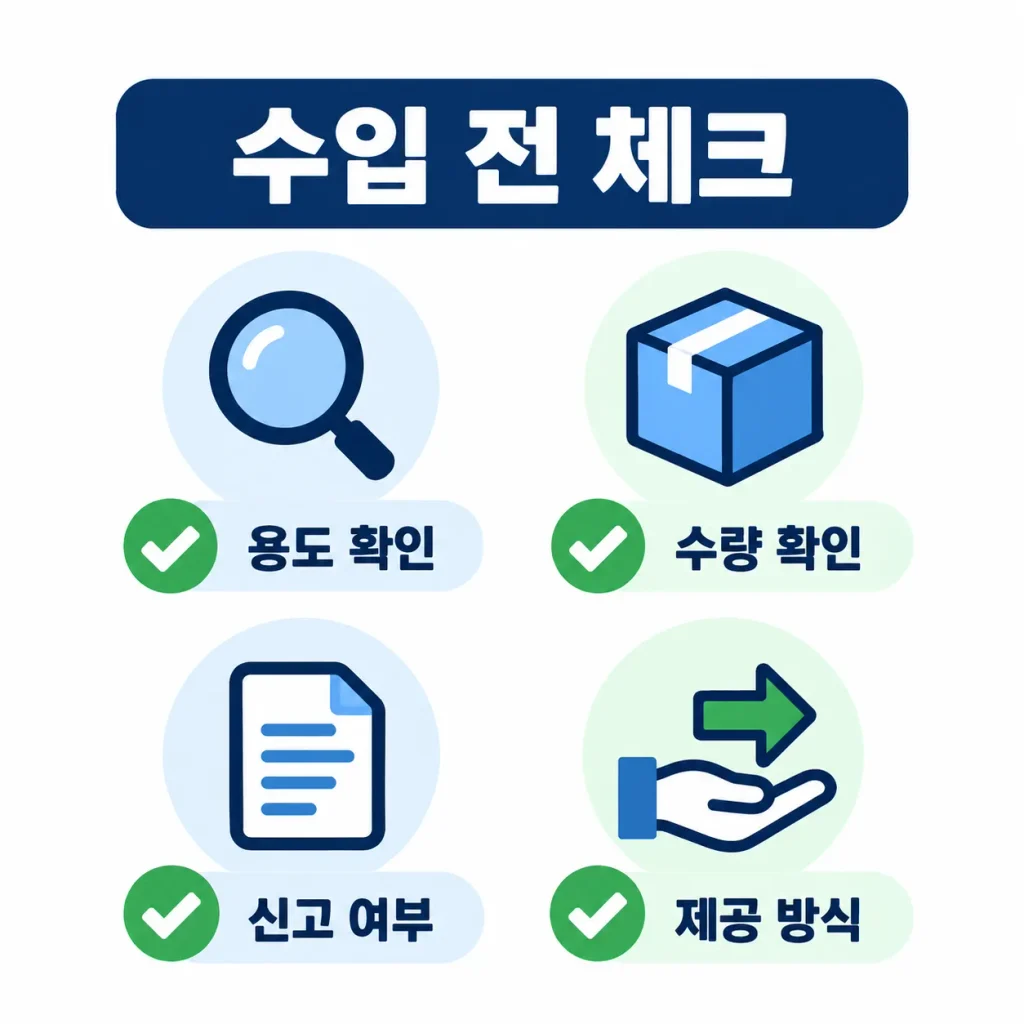 식품 샘플 수입 전 용도 수량 신고 여부 제공방식 체크리스트