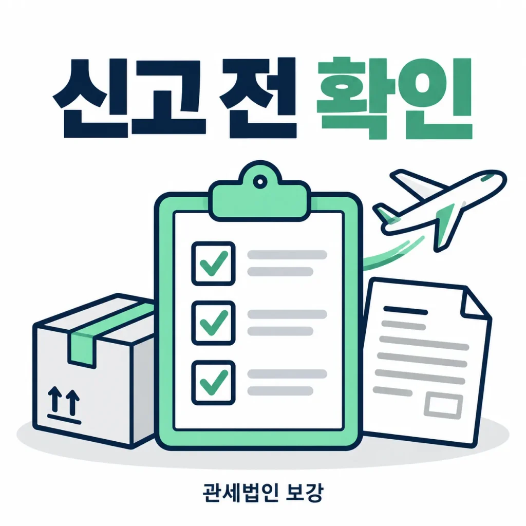 제품 상자와 서류, 체크리스트로 수입신고 전 준비자료를 확인하는 그림